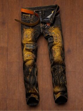 Slim Men's Black Jeans with Yellow Paint-Effect Distressing